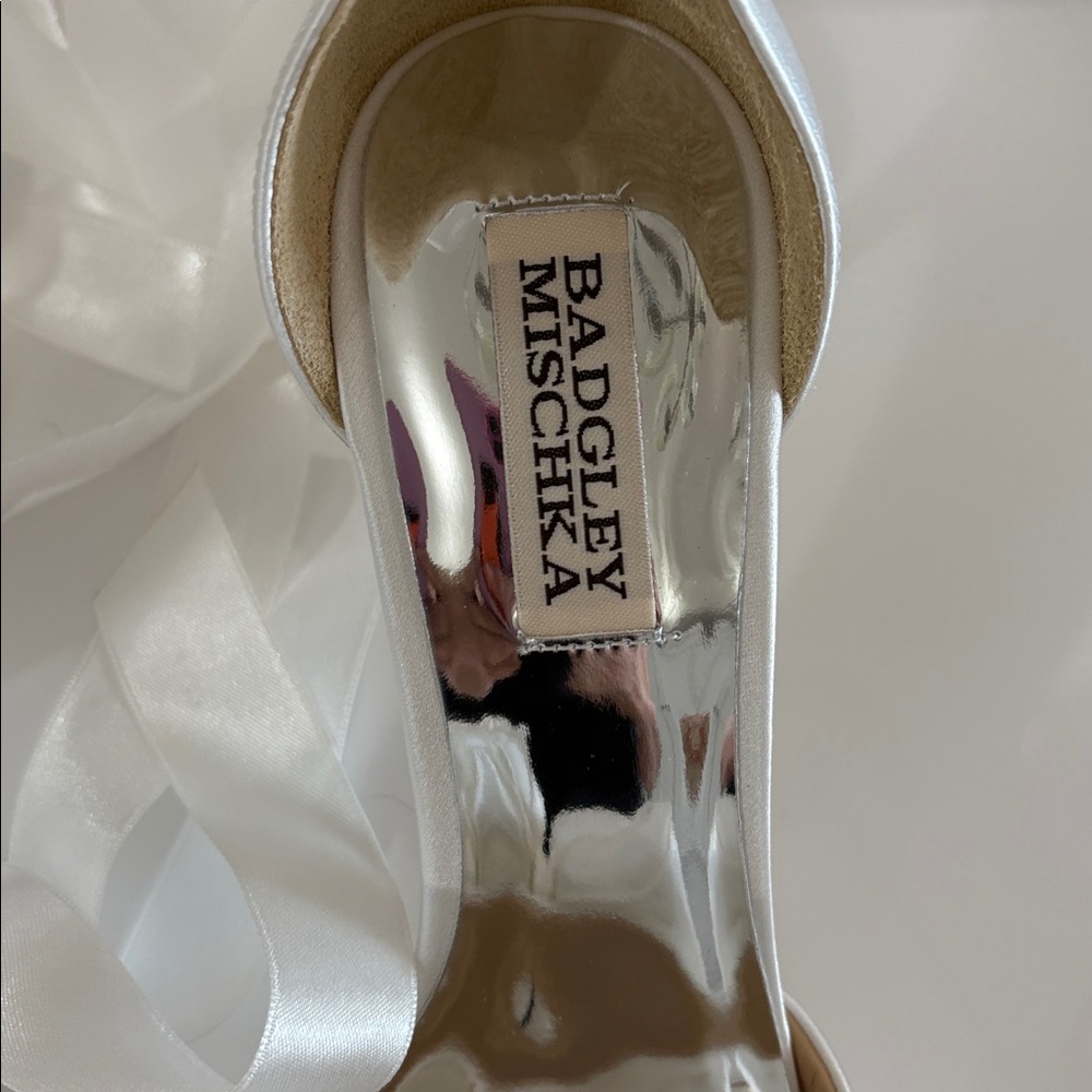 Badgley Mischka White Satin Heels with Ribbon Accent - Picture 5 of 15
